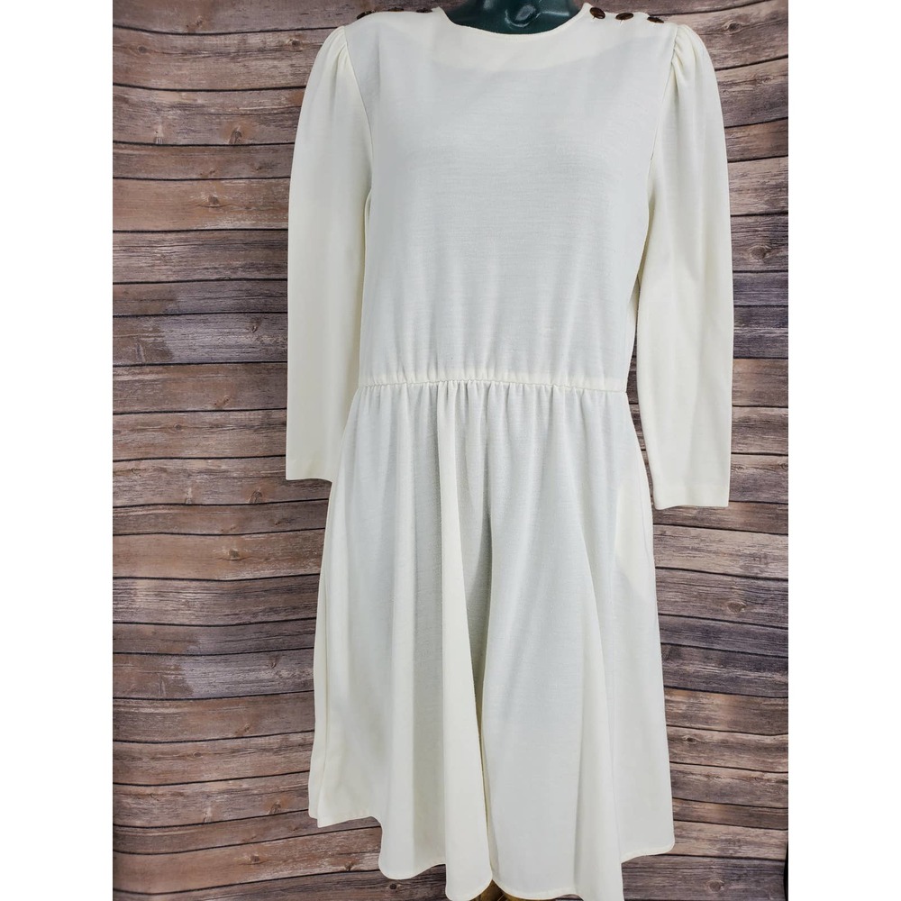 Vintage 80s 90s Tabby Cream Knee Length Dress Size 14 L Long Sleeve & Pockets